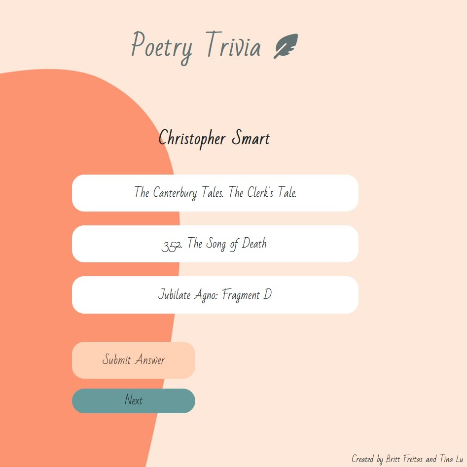 question from the easy mode of a poetry trivia game